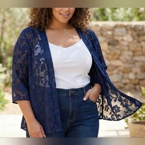 Navy Sheer Abstract Floral Open Cardigan Size 1X